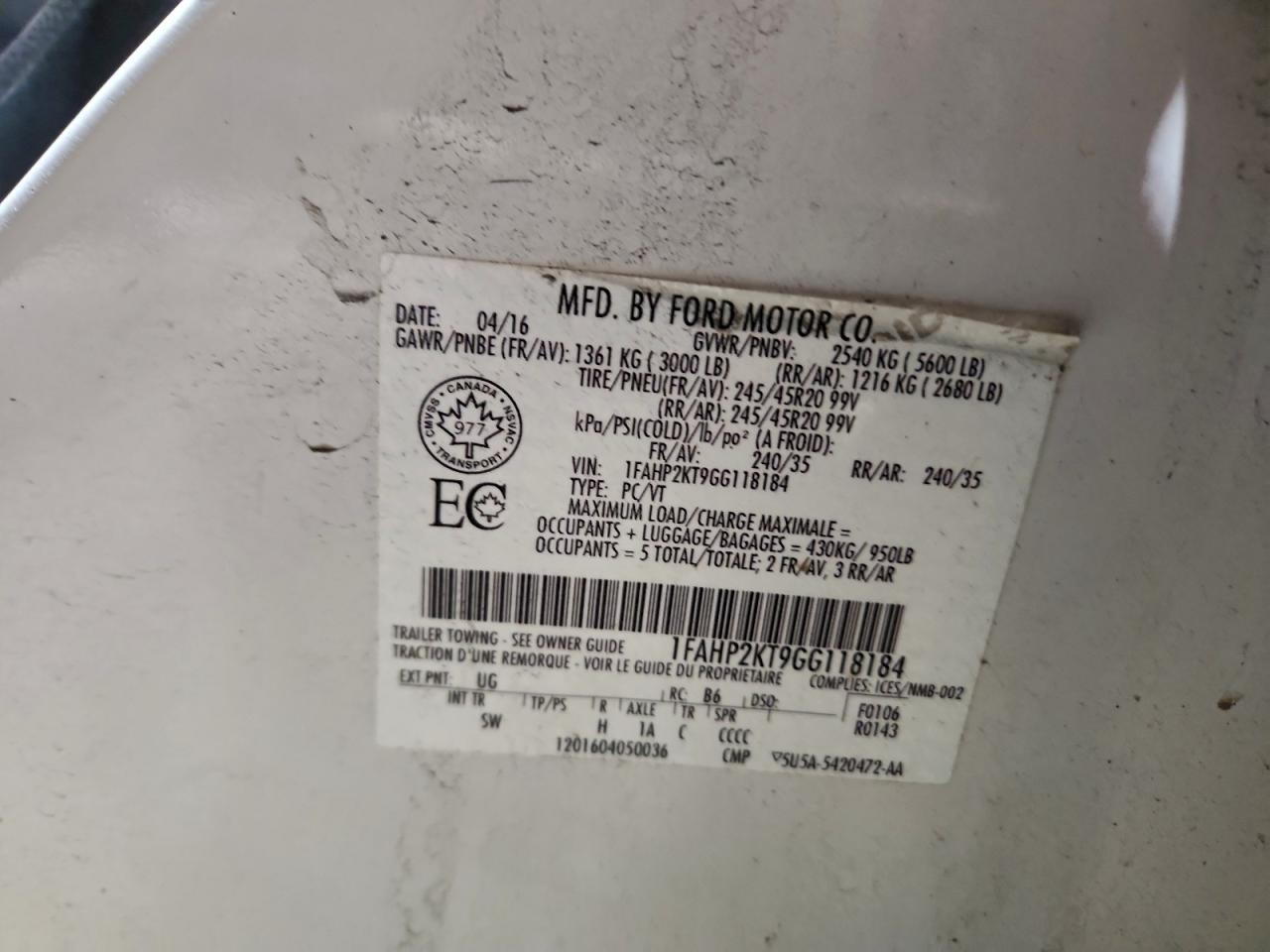 2016 Ford Taurus Sho VIN: 1FAHP2KT9GG118184 Lot: 93997285