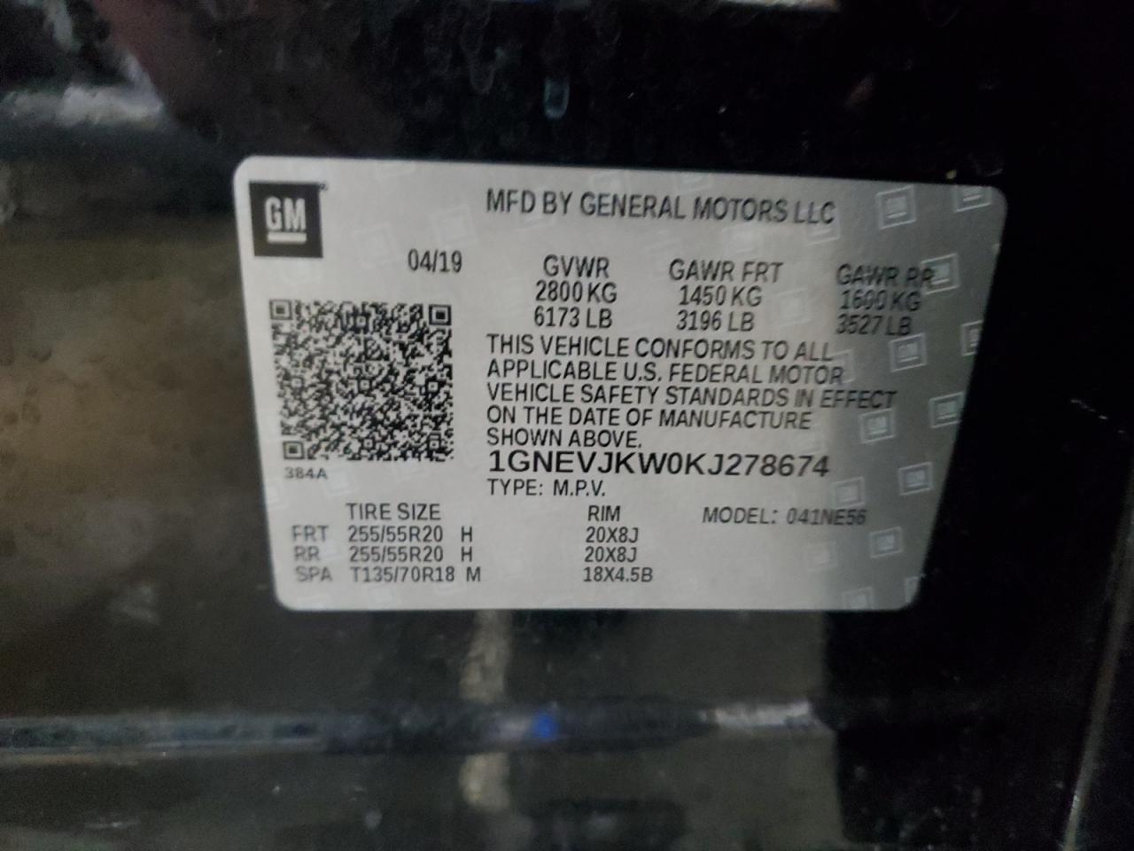 2019 Chevrolet Traverse High Country VIN: 1GNEVJKW0KJ278674 Lot: 93636755