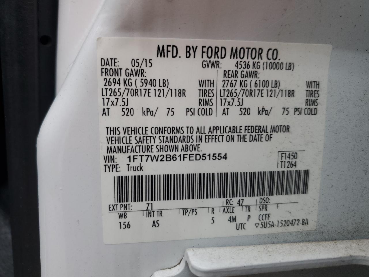 2015 Ford F250 Super Duty VIN: 1FT7W2B61FED51554 Lot: 91578545