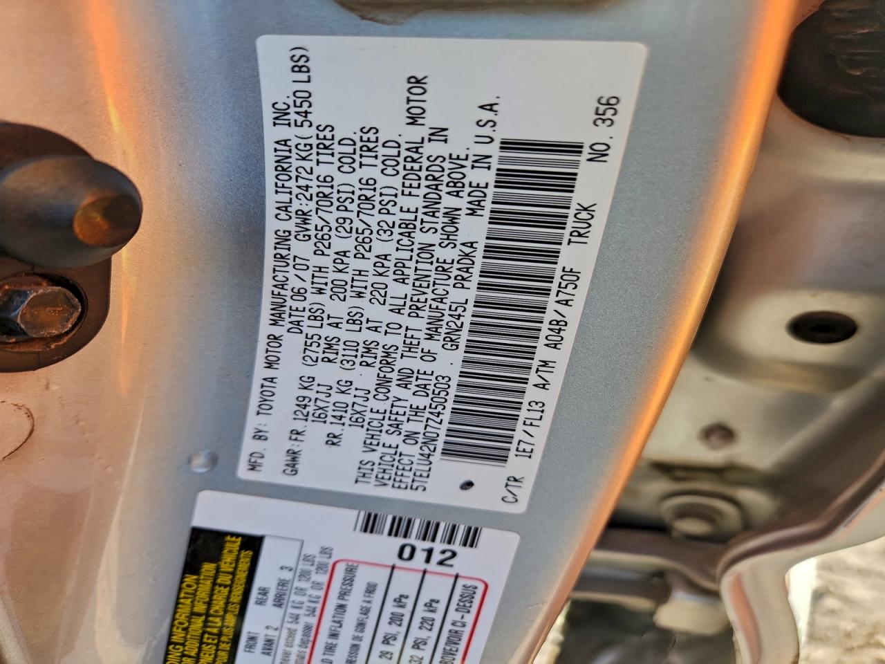 2007 Toyota Tacoma Double Cab VIN: 5TELU42N07Z450503 Lot: 93925315