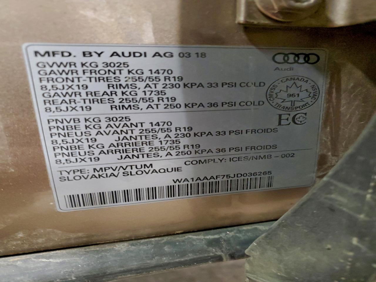 2018 Audi Q7 Premium VIN: WA1AAAF75JD036265 Lot: 94294665