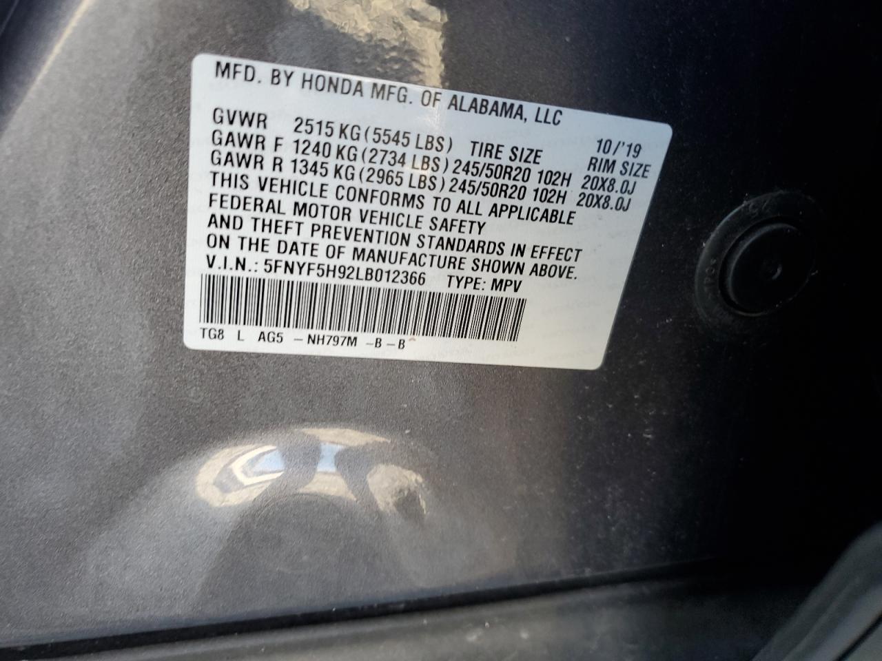 2020 Honda Pilot Touring VIN: 5FNYF5H92LB012366 Lot: 91734375