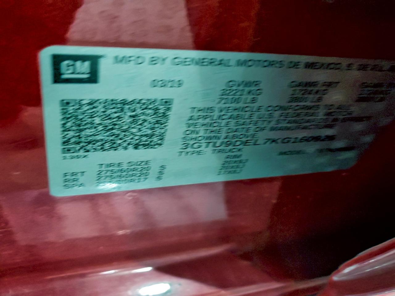 2019 GMC Sierra K1500 Slt VIN: 3GTU9DEL7KG160926 Lot: 94325565