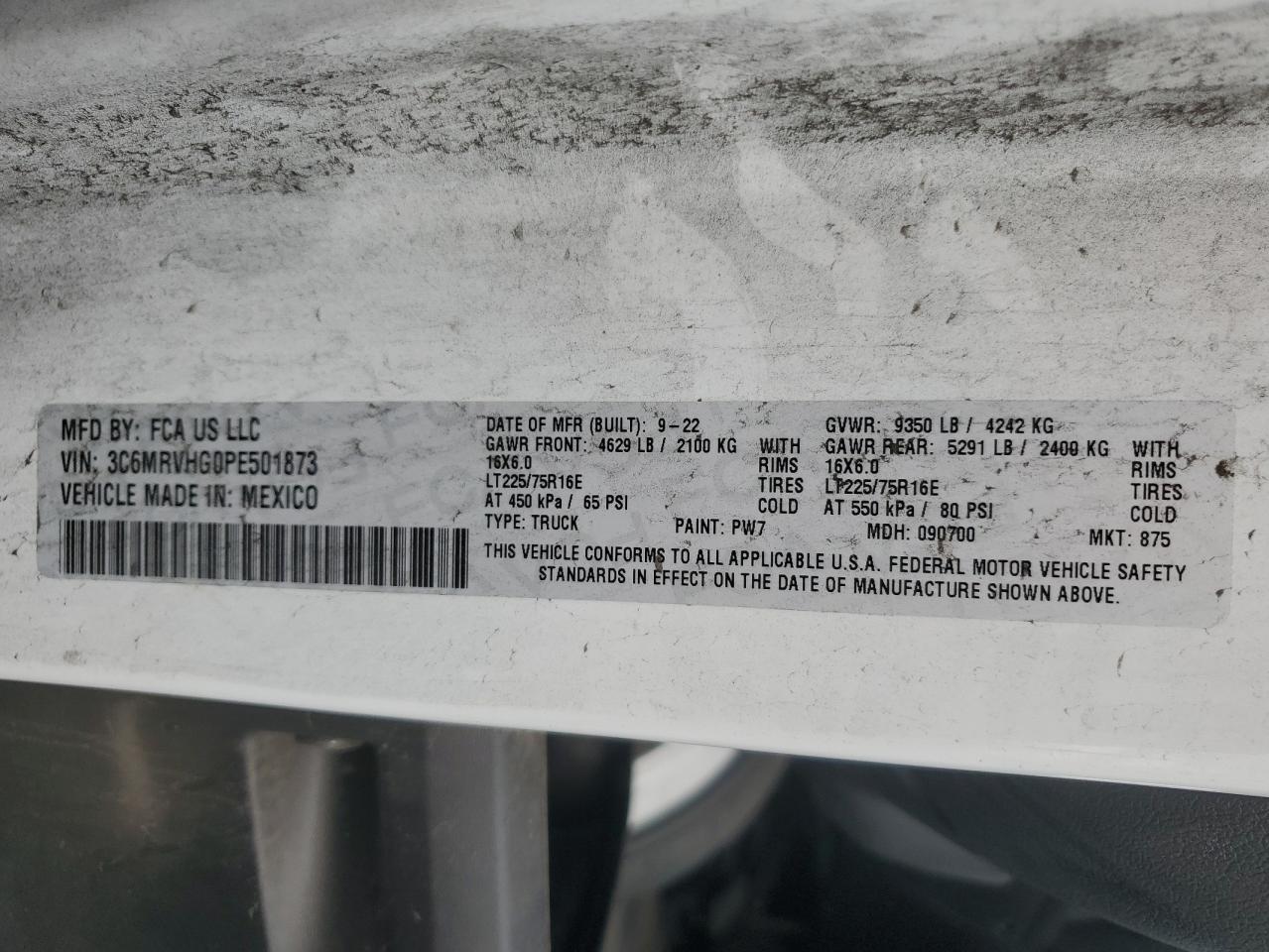 2023 Ram Promaster Delivery Van VIN: 3C6MRVHG0PE501873 Lot: 91638955