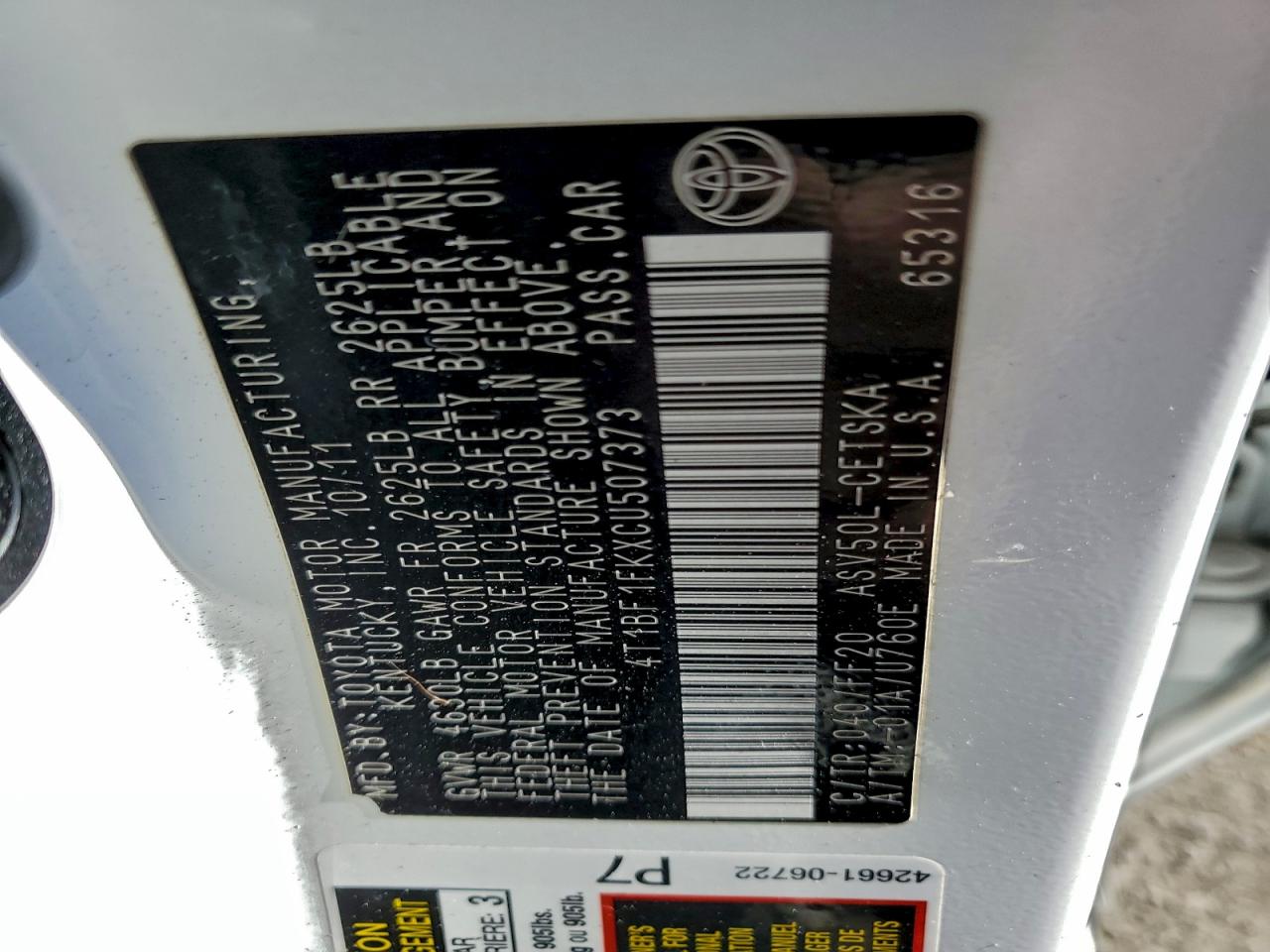 2012 Toyota Camry Base VIN: 4T1BF1FKXCU507373 Lot: 94381005