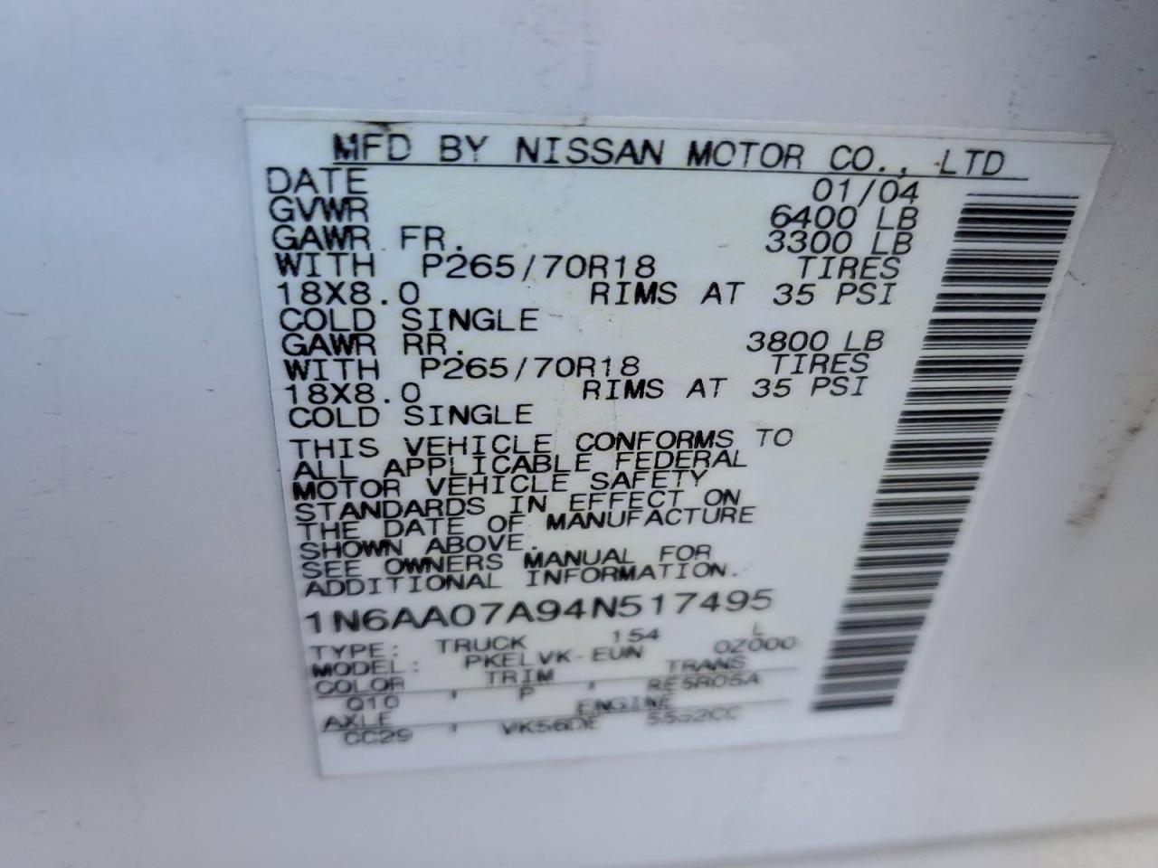 2004 Nissan Titan Xe VIN: 1N6AA07A94N517495 Lot: 93730365