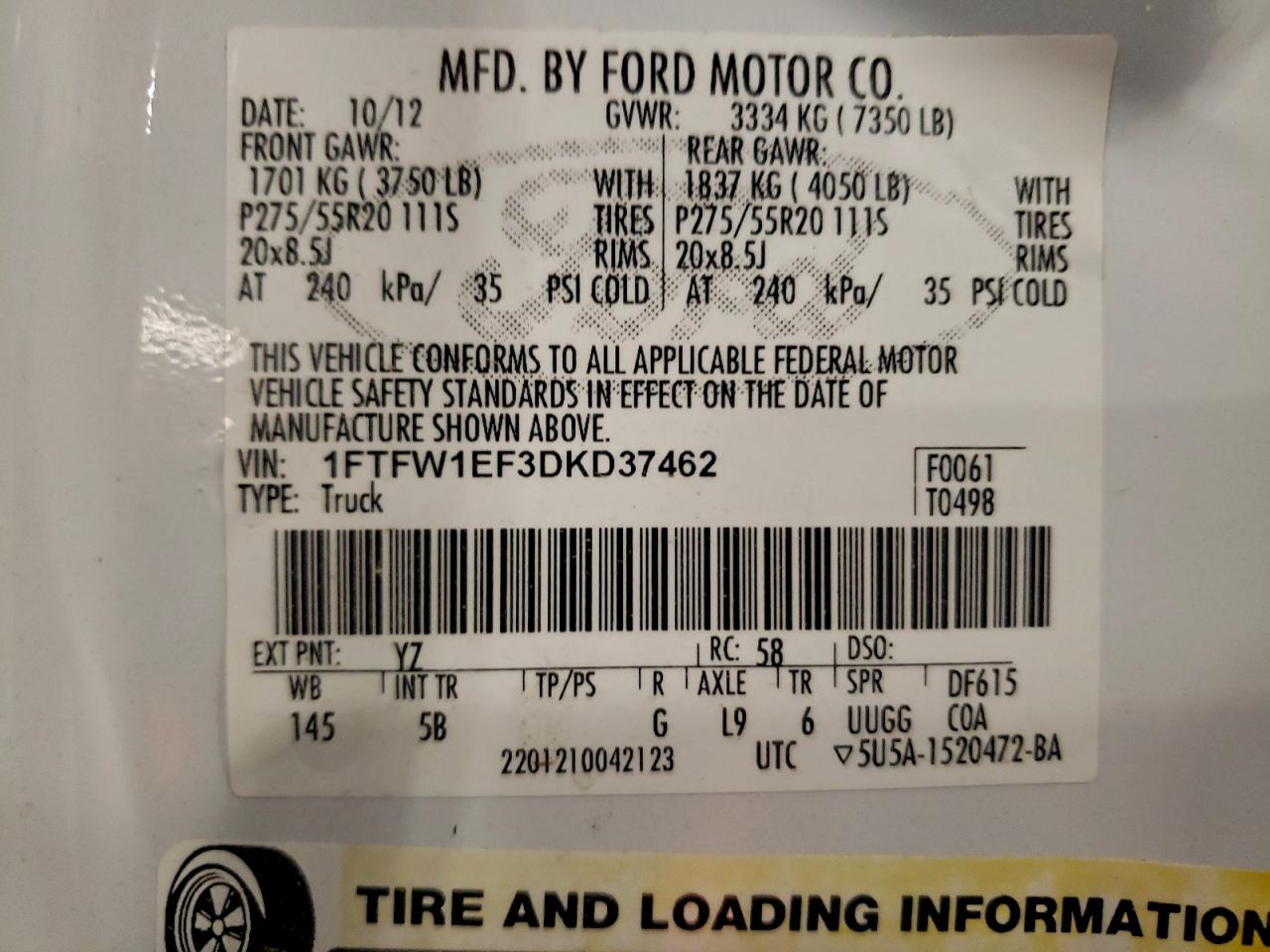 2013 Ford F150 Supercrew VIN: 1FTFW1EF3DKD37462 Lot: 93954245