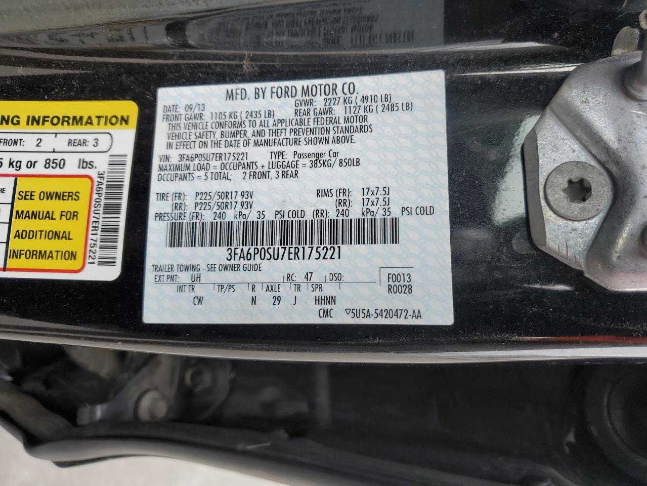 2014 Ford Fusion Titanium Phev VIN: 3FA6P0SU7ER175221 Lot: 91701985