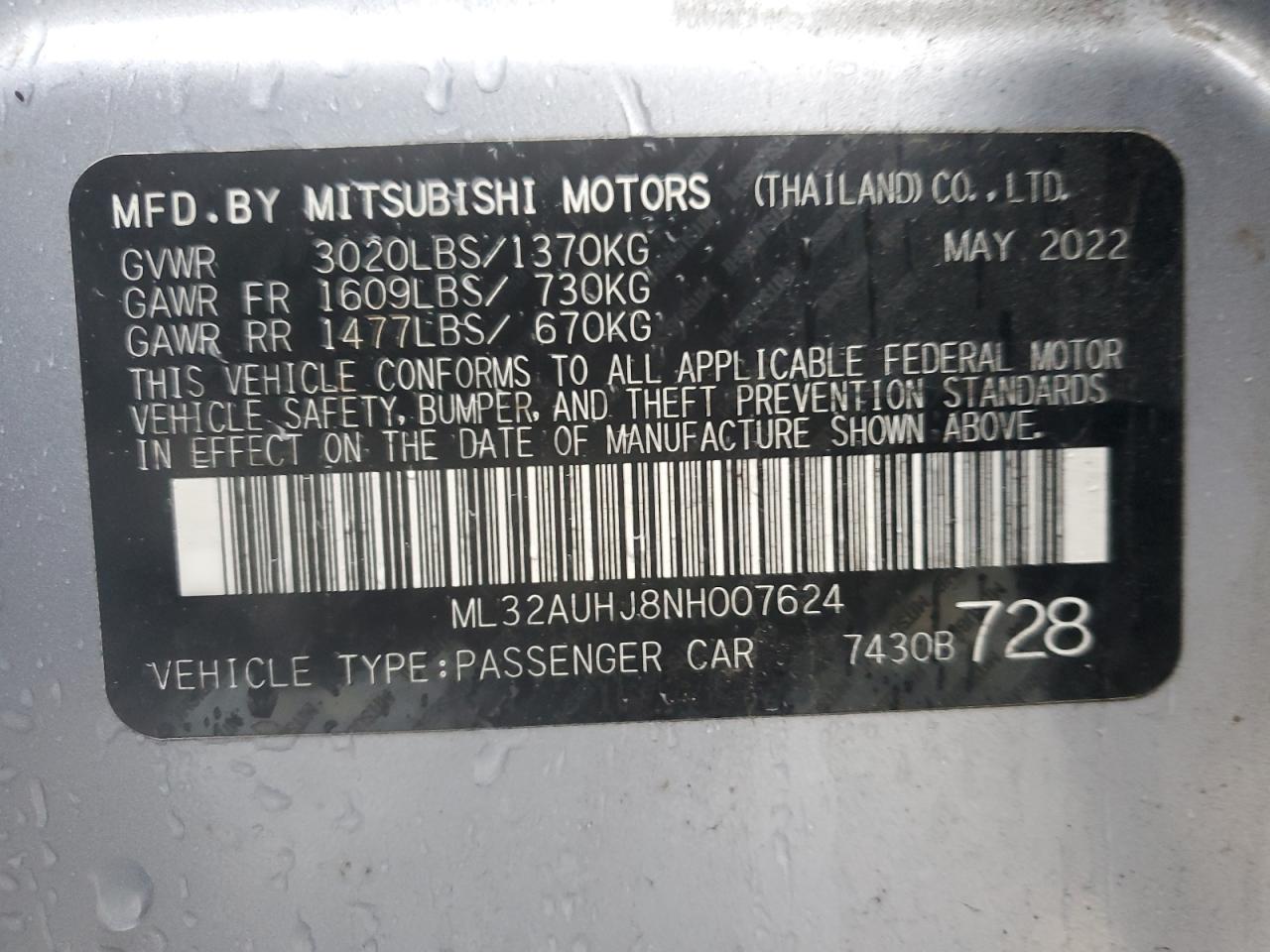 2022 Mitsubishi Mirage Es VIN: ML32AUHJ8NH007624 Lot: 92708745