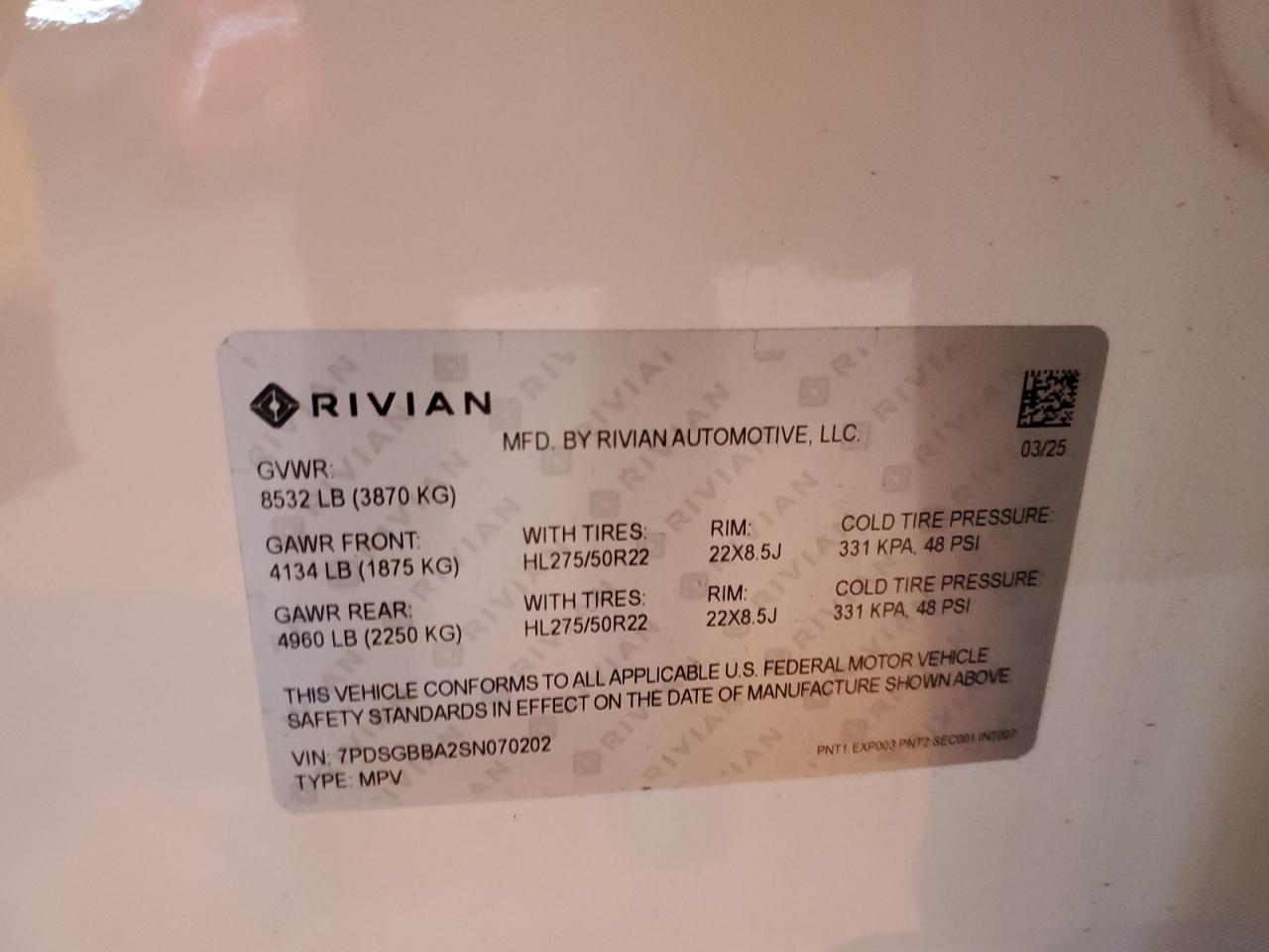 2025 Rivian R1S Adventure VIN: 7PDSGBBA2SN070202 Lot: 91914465
