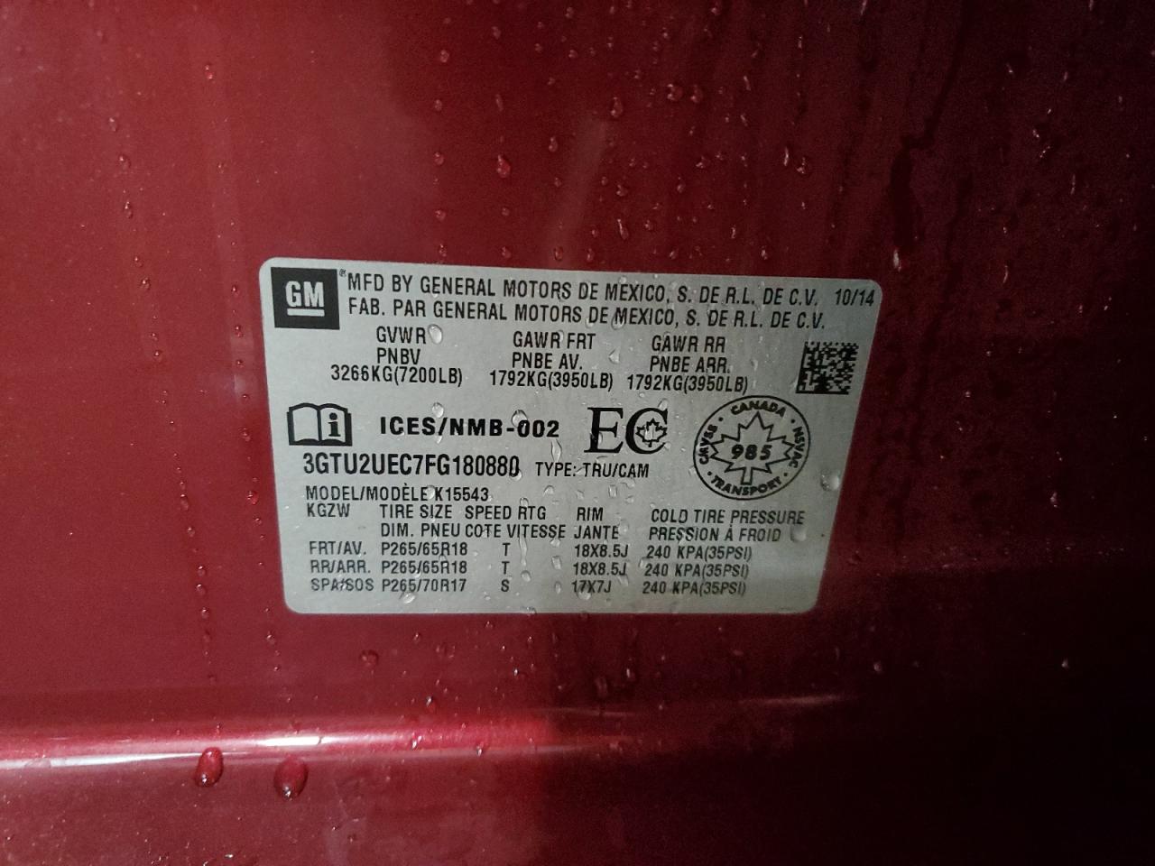 2015 GMC Sierra K1500 Sle VIN: 3GTU2UEC7FG180880 Lot: 93274905