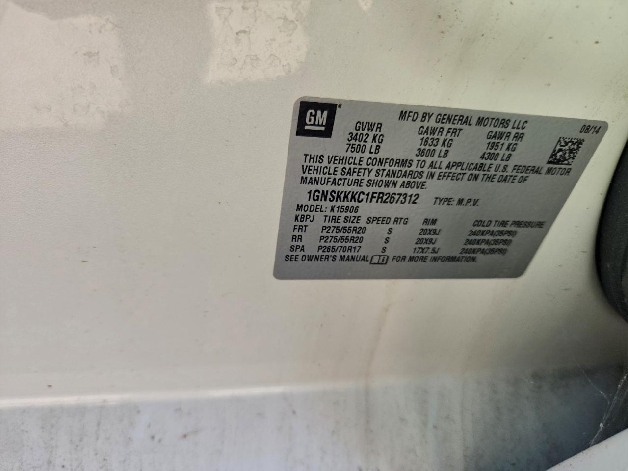 2015 Chevrolet Suburban K1500 Ltz VIN: 1GNSKKKC1FR267312 Lot: 93705345