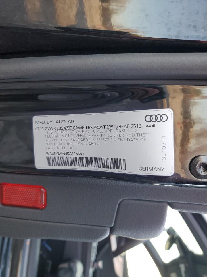 2019 Audi A4 Premium VIN: WAUDNAF44KA115441 Lot: 92457865