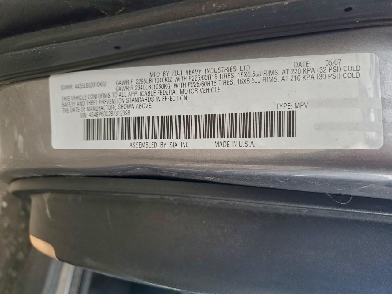 2008 Subaru Outback VIN: 4S4BP60C287312398 Lot: 94435905