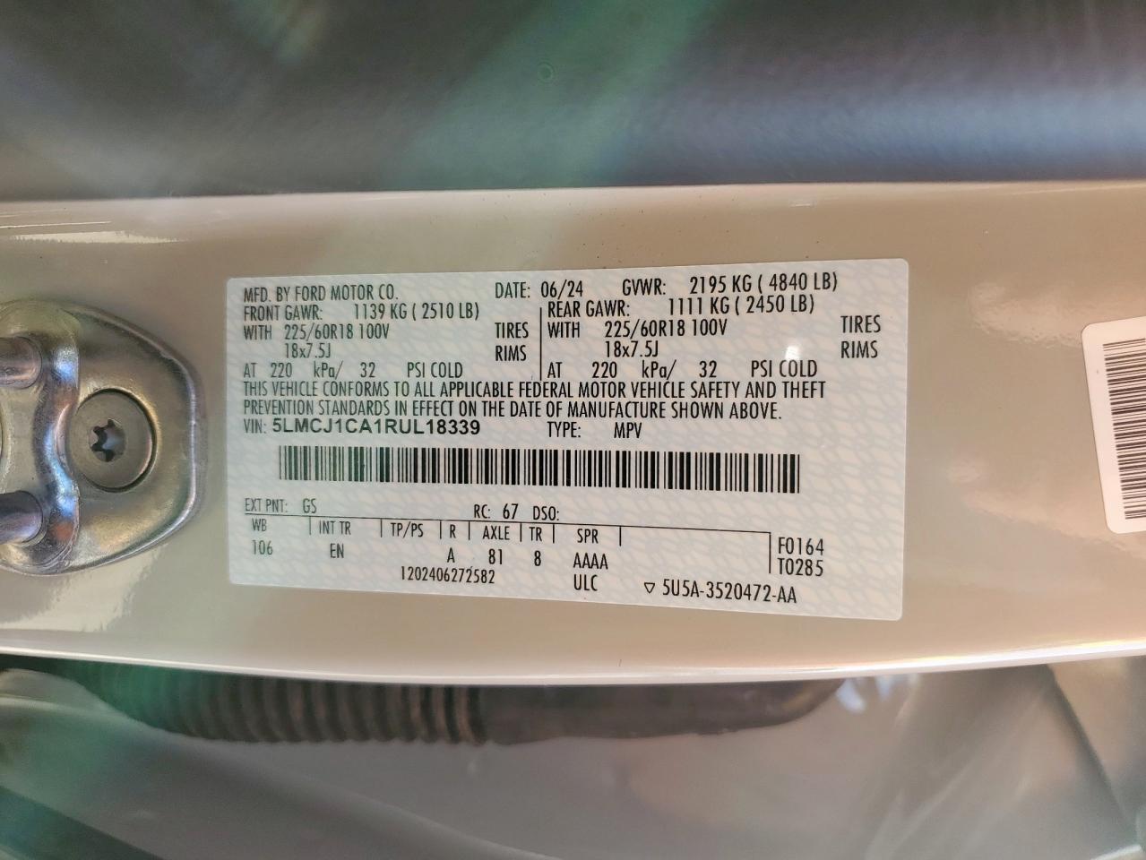 2024 Lincoln Corsair VIN: 5LMCJ1CA1RUL18339 Lot: 92120095