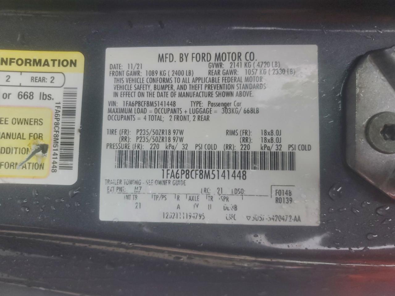 2021 Ford Mustang Gt VIN: 1FA6P8CF8M5141448 Lot: 93434385