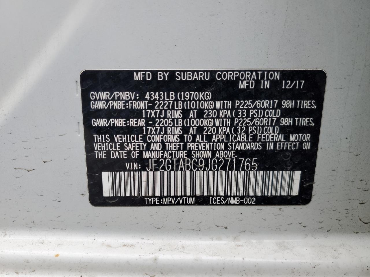 2018 Subaru Crosstrek Premium VIN: JF2GTABC9JG271765 Lot: 92246985