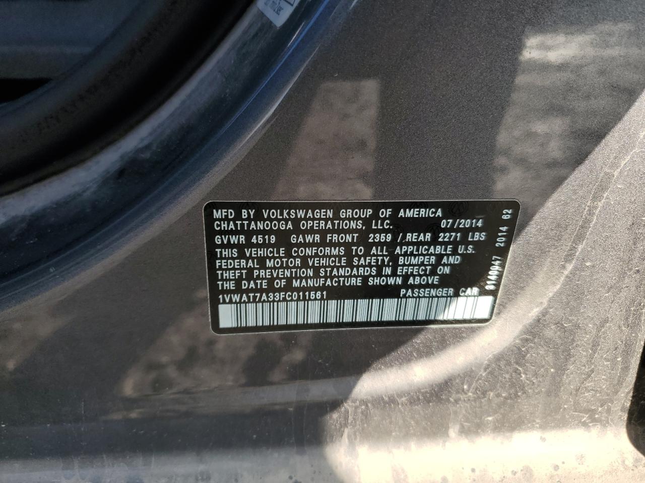 2015 Volkswagen Passat S VIN: 1VWAT7A33FC011561 Lot: 93392845