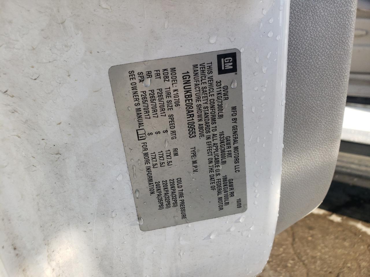 2010 Chevrolet Tahoe K1500 Lt VIN: 1GNUKBE08AR109553 Lot: 92860035