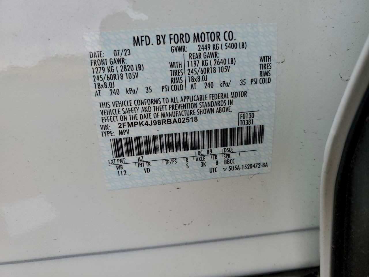 2024 Ford Edge Sel VIN: 2FMPK4J98RBA02518 Lot: 94269005