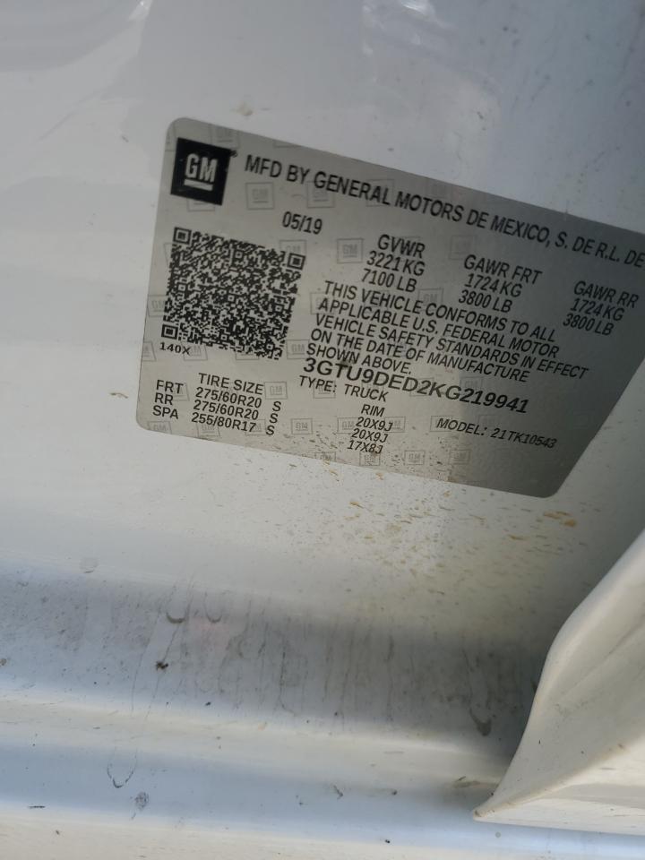 2019 GMC Sierra K1500 Slt VIN: 3GTU9DED2KG219941 Lot: 93249565