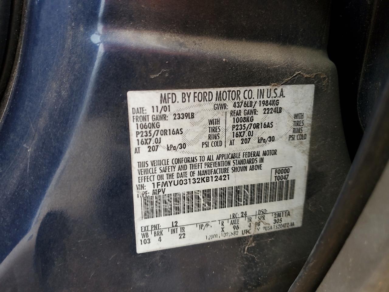 2002 Ford Escape Xlt VIN: 1FMYU03132KB12421 Lot: 93733205