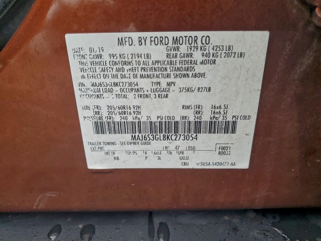 2019 Ford Ecosport Se VIN: MAJ6S3GL8KC273054 Lot: 92913655