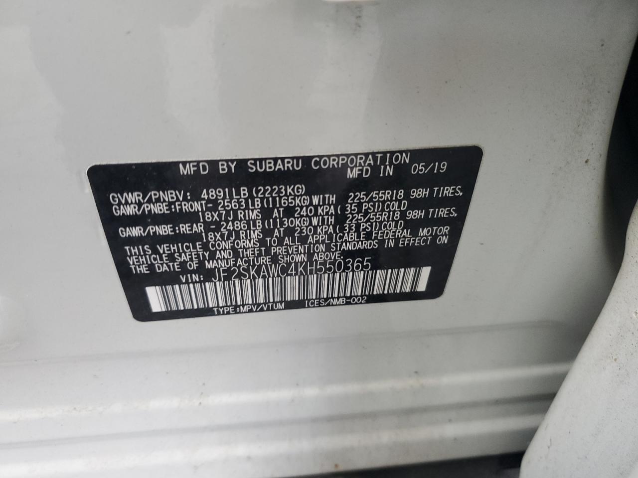 2019 Subaru Forester Touring VIN: JF2SKAWC4KH550365 Lot: 92410895