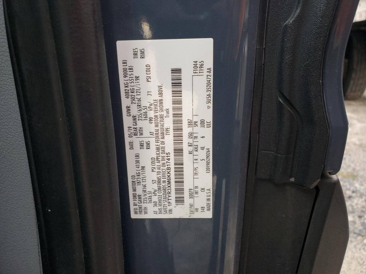 2019 Ford Transit T-250 VIN: 1FTYR3XM6KKB17415 Lot: 92486205