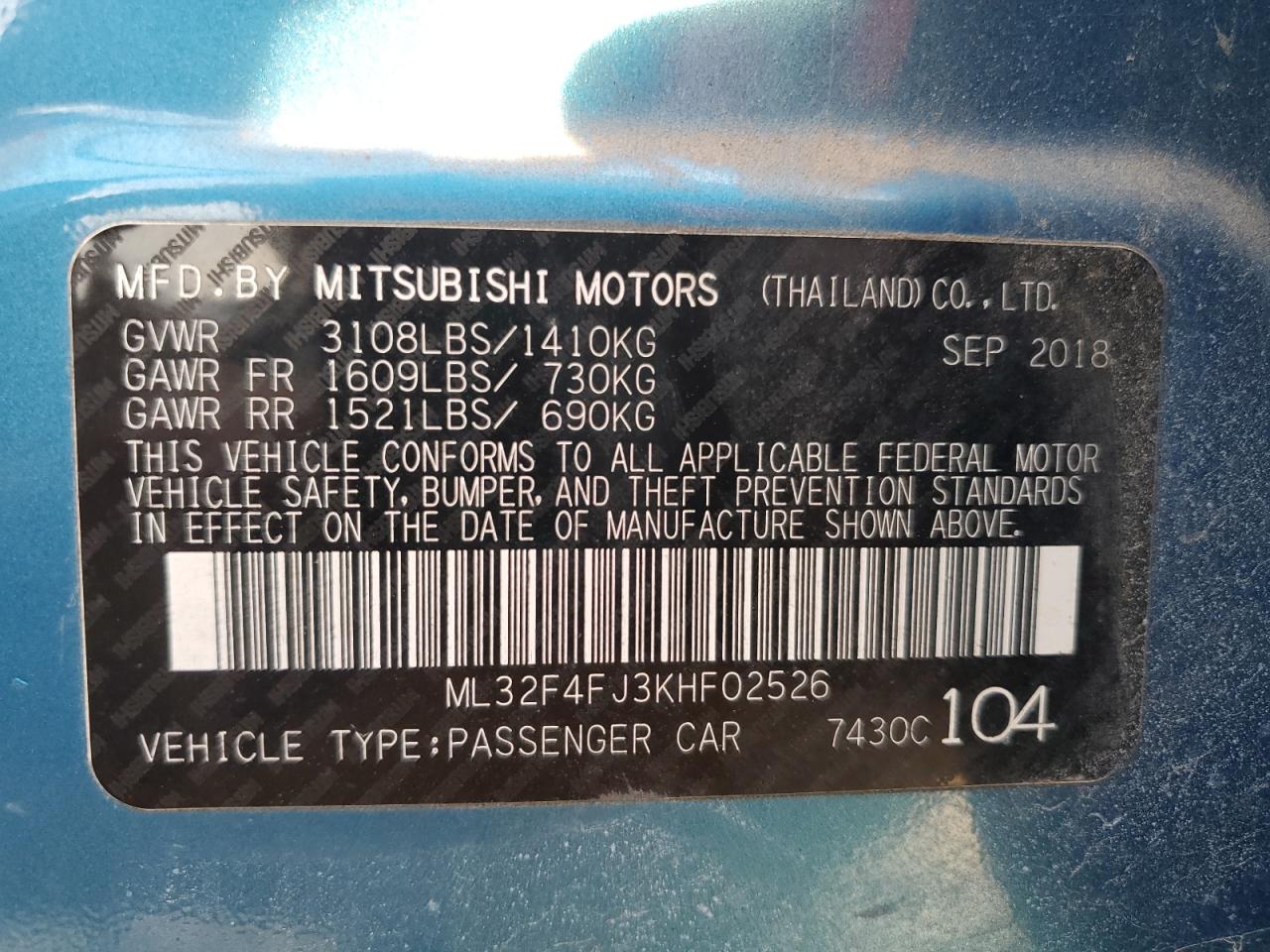 2019 Mitsubishi Mirage G4 Se VIN: ML32F4FJ3KHF02526 Lot: 92012225