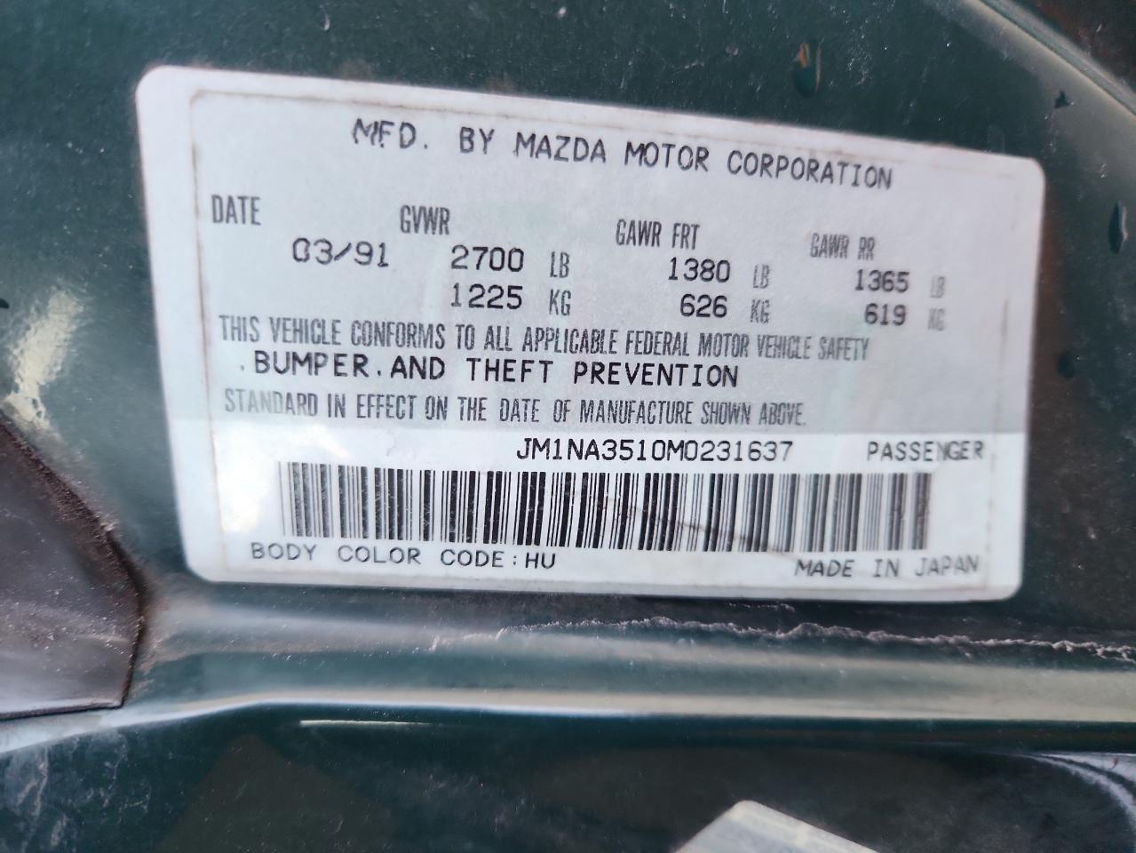 1991 Mazda Mx-5 Miata VIN: JM1NA3510M0231637 Lot: 92068195