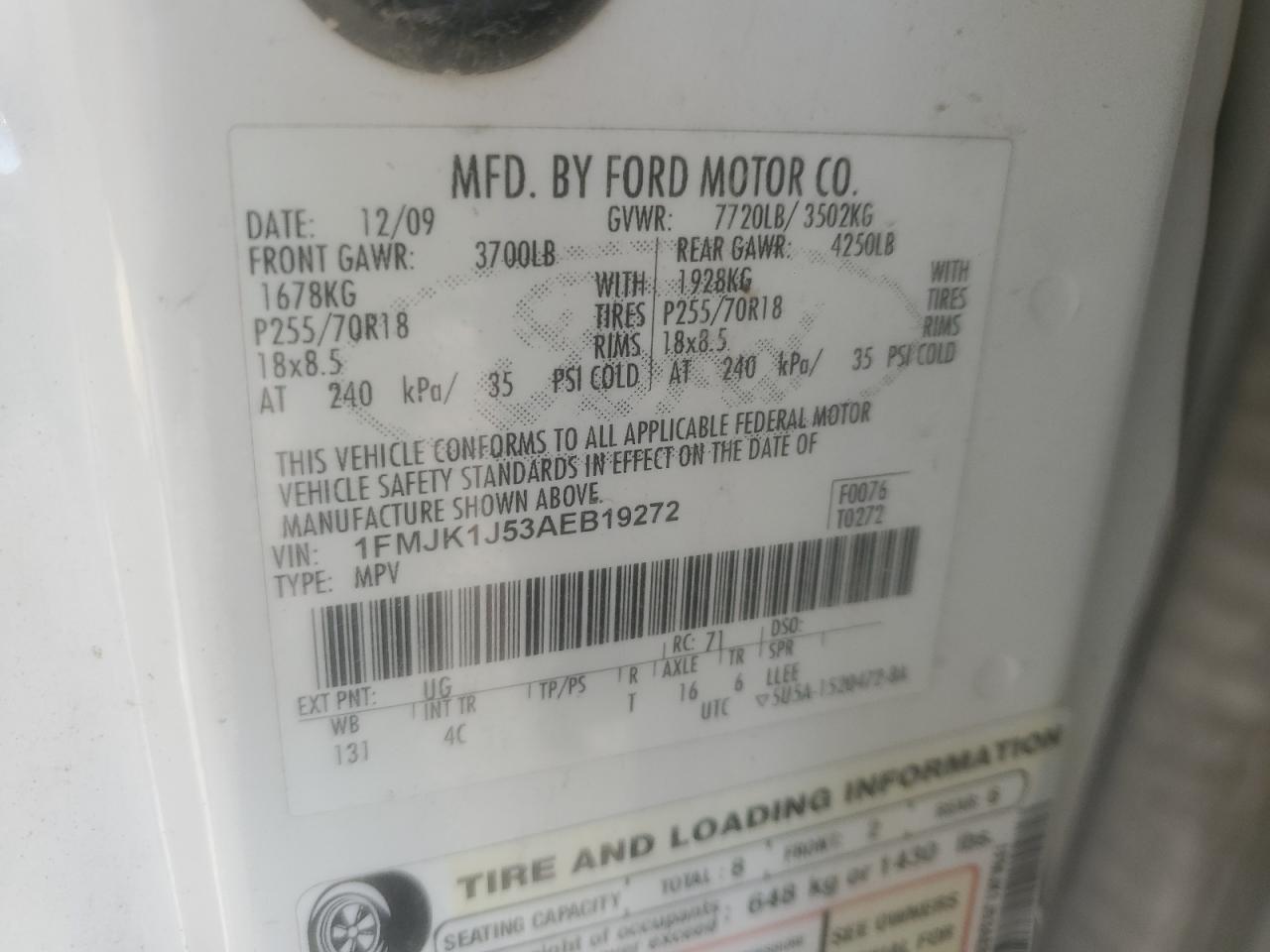 2010 Ford Expedition El Eddie Bauer VIN: 1FMJK1J53AEB19272 Lot: 93003645