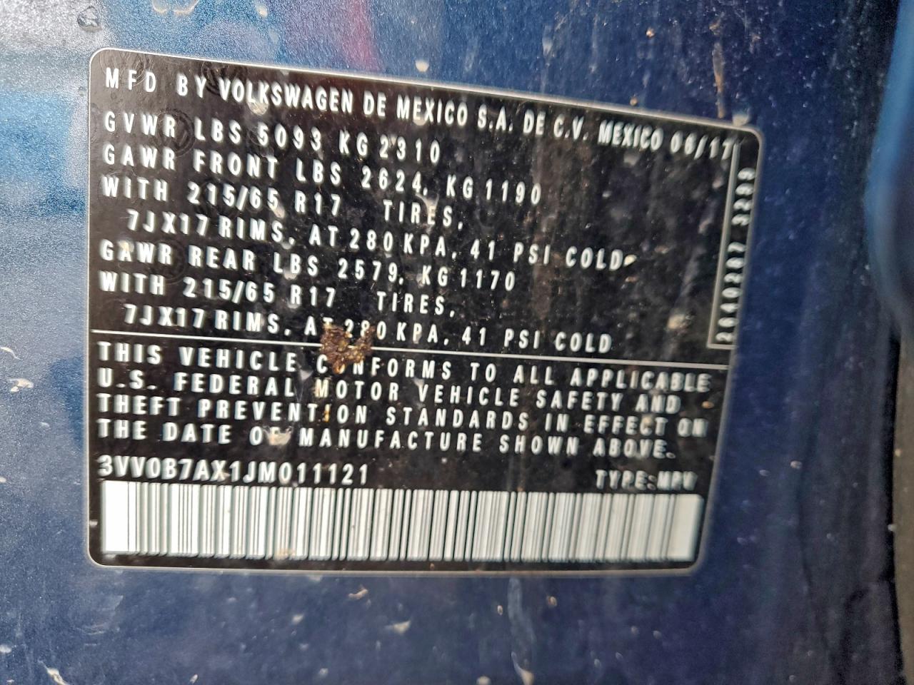 2018 Volkswagen Tiguan S VIN: 3VV0B7AX1JM011121 Lot: 93914375