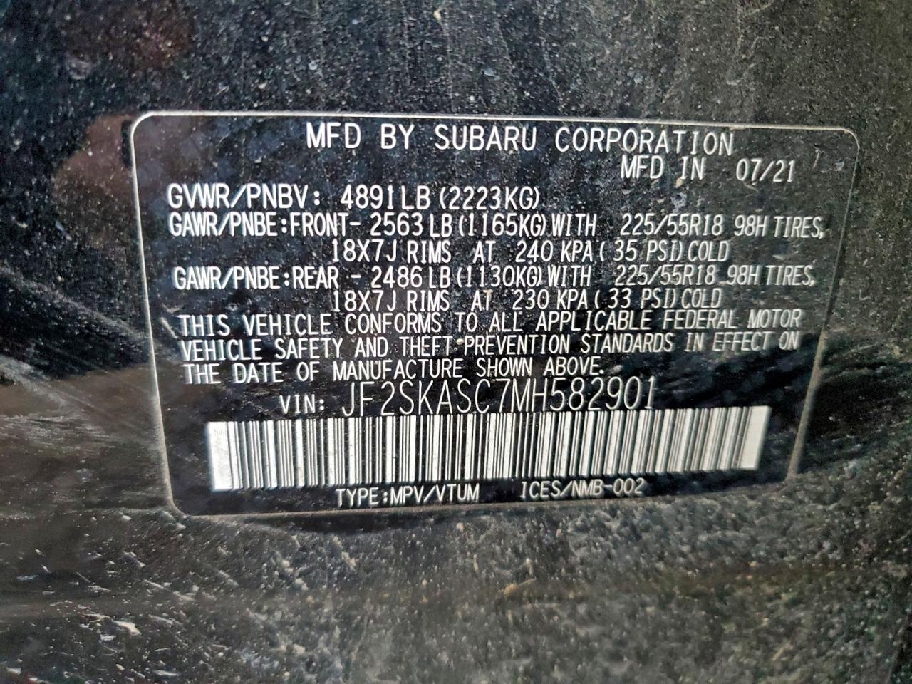 2021 Subaru Forester Limited VIN: JF2SKASC7MH582901 Lot: 93474525