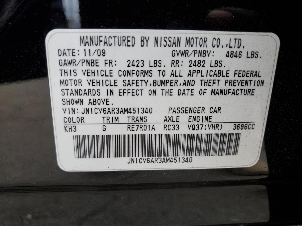 2010 Infiniti G37 VIN: JN1CV6AR3AM451340 Lot: 92506135