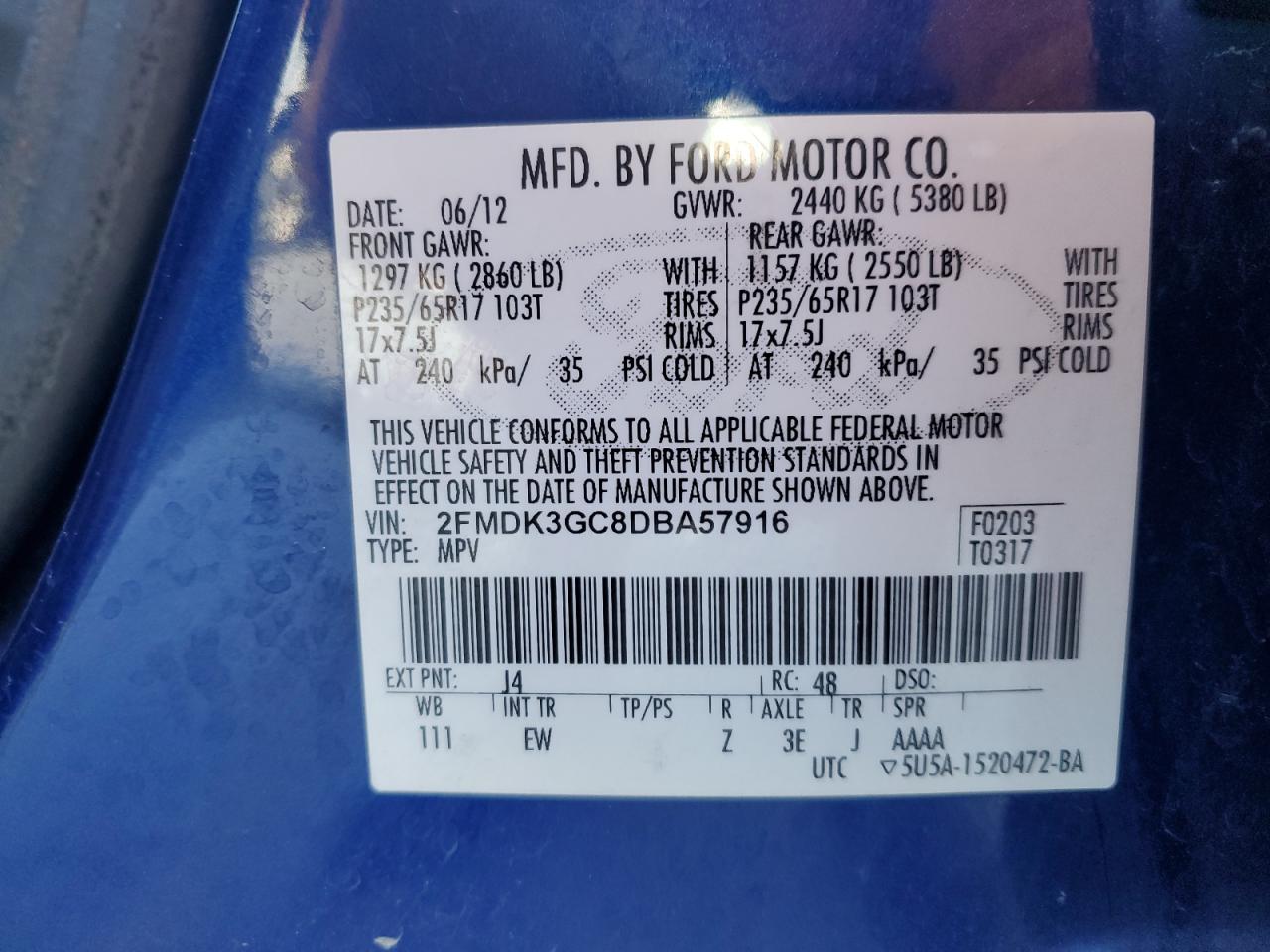 2013 Ford Edge Se VIN: 2FMDK3GC8DBA57916 Lot: 91732575