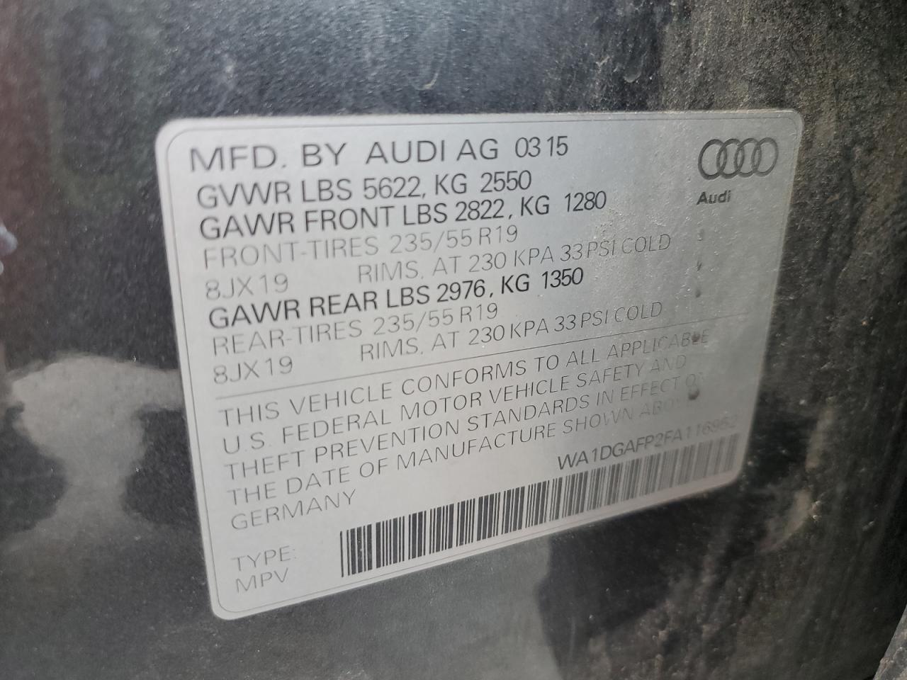 2015 Audi Q5 Premium Plus VIN: WA1DGAFP2FA116952 Lot: 93076965