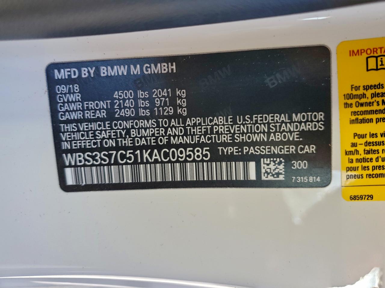 2019 BMW M4 Cs VIN: WBS3S7C51KAC09585 Lot: 94193705