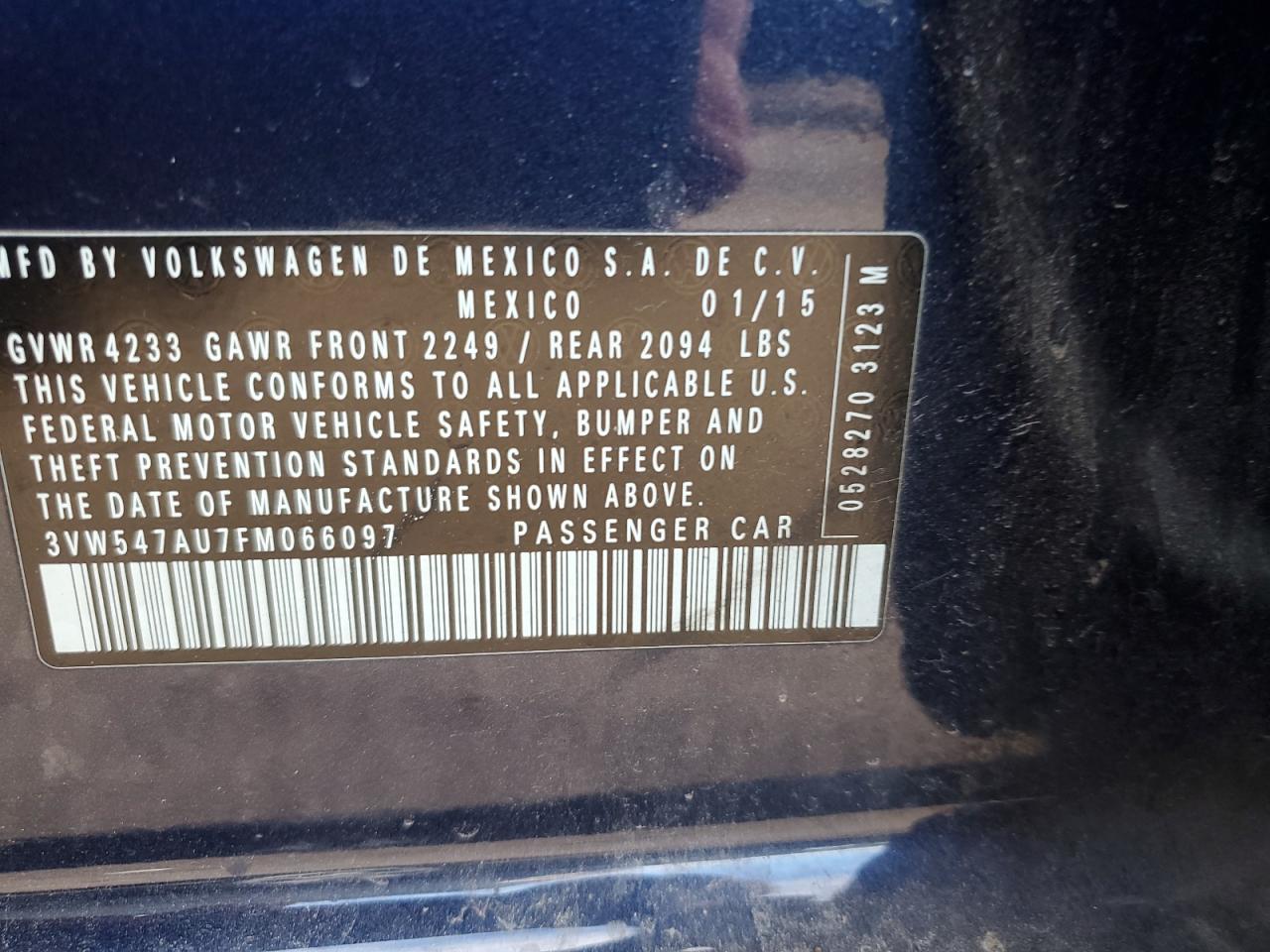 2015 Volkswagen Gti VIN: 3VW547AU7FM066097 Lot: 92209795