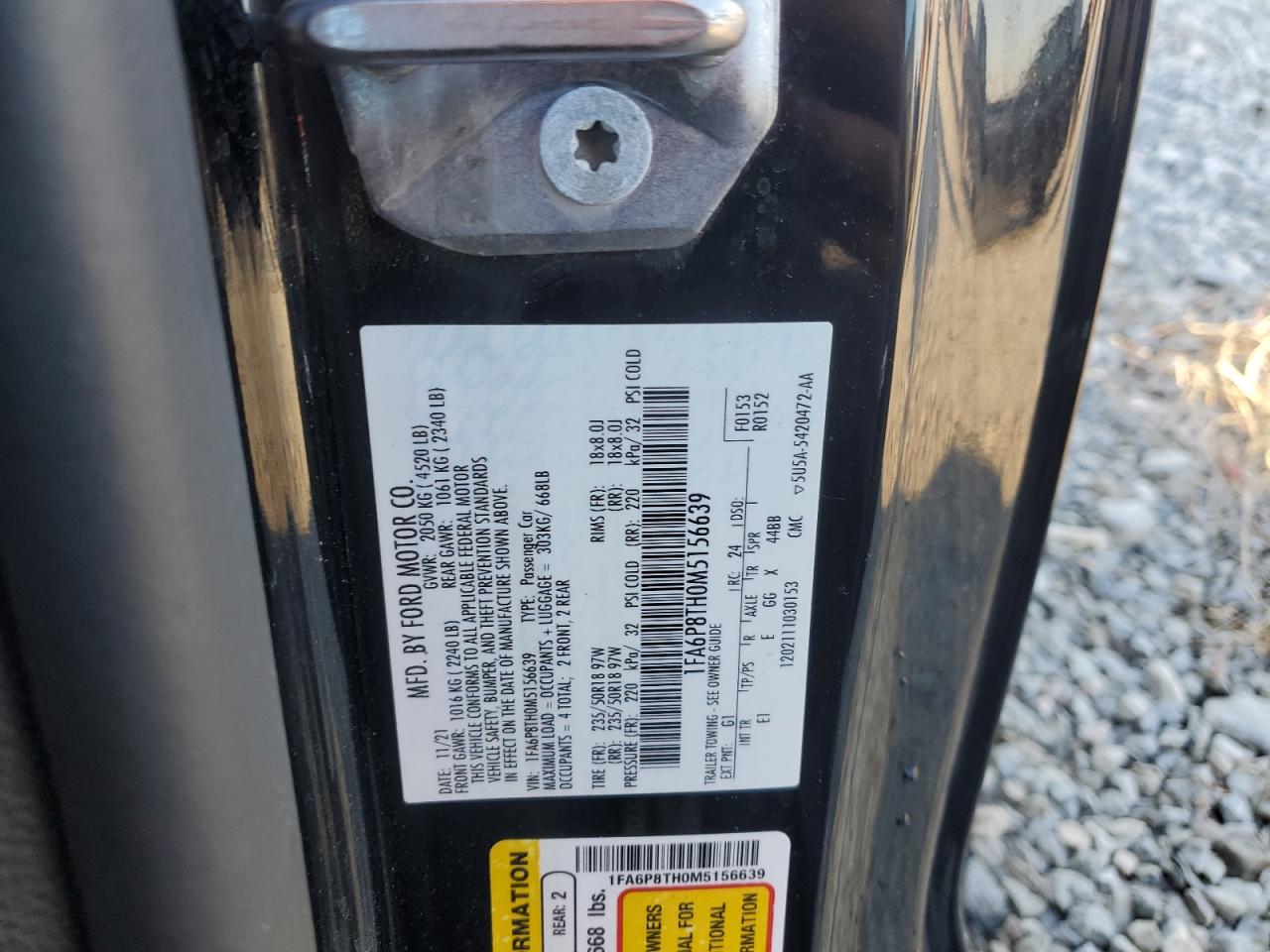 2021 Ford Mustang VIN: 1FA6P8TH0M5156639 Lot: 91687265