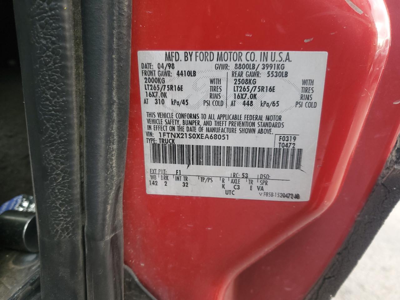 1999 Ford F250 Super Duty VIN: 1FTNX21S0XEA68051 Lot: 93036565