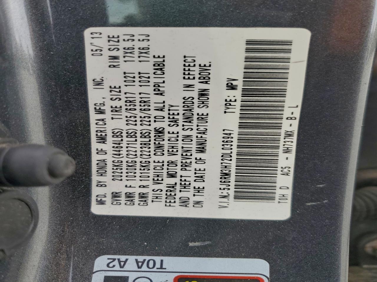 2013 Honda Cr-V Exl VIN: 5J6RM3H72DL036947 Lot: 94030525