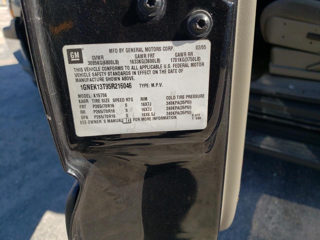 2005 Chevrolet Tahoe K1500 VIN: 1GNEK13T95R216046 Lot: 92612825