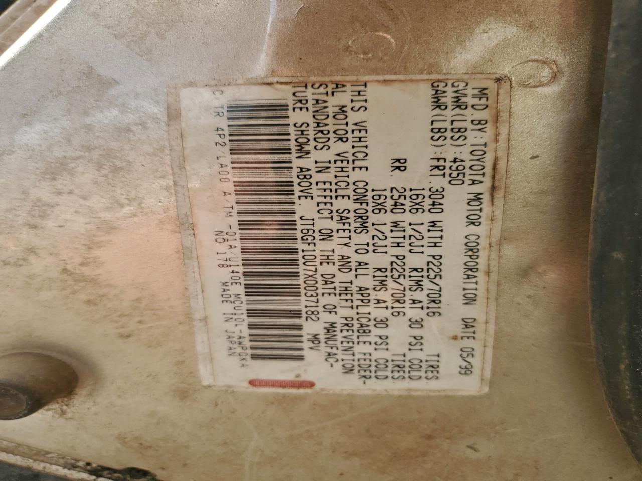 1999 Lexus Rx 300 VIN: JT6GF10U7X0037182 Lot: 94434245