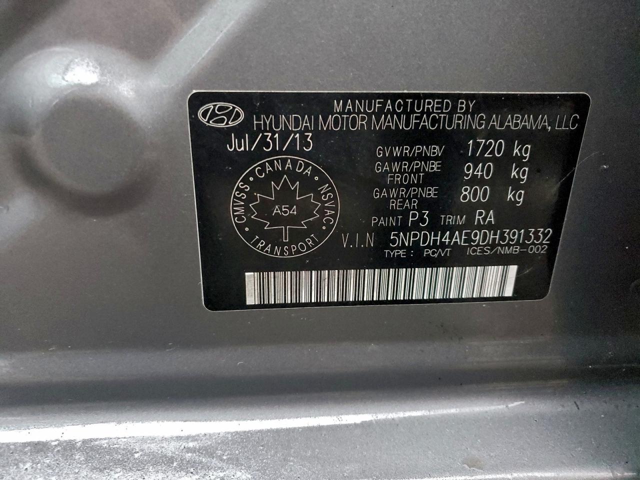 2013 Hyundai Elantra Gls VIN: 5NPDH4AE9DH391332 Lot: 94492935