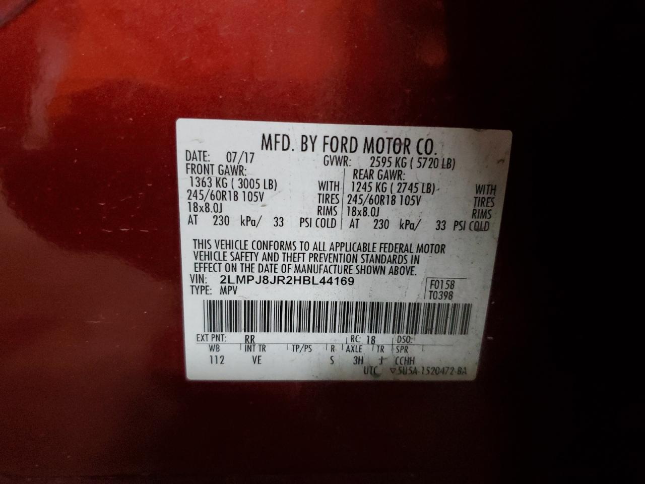 2017 Lincoln Mkx Premiere VIN: 2LMPJ8JR2HBL44169 Lot: 93033125