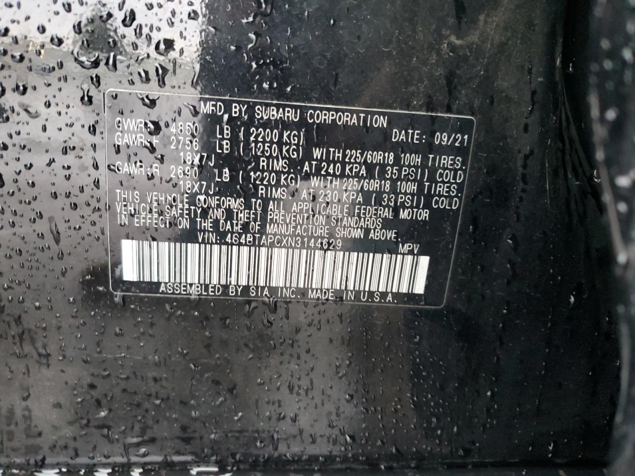 2022 Subaru Outback Touring VIN: 4S4BTAPCXN3144629 Lot: 91406225