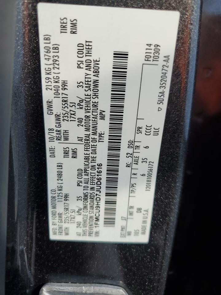 2018 Ford Escape Sel VIN: 1FMCU9HD7JUD61616 Lot: 91455035