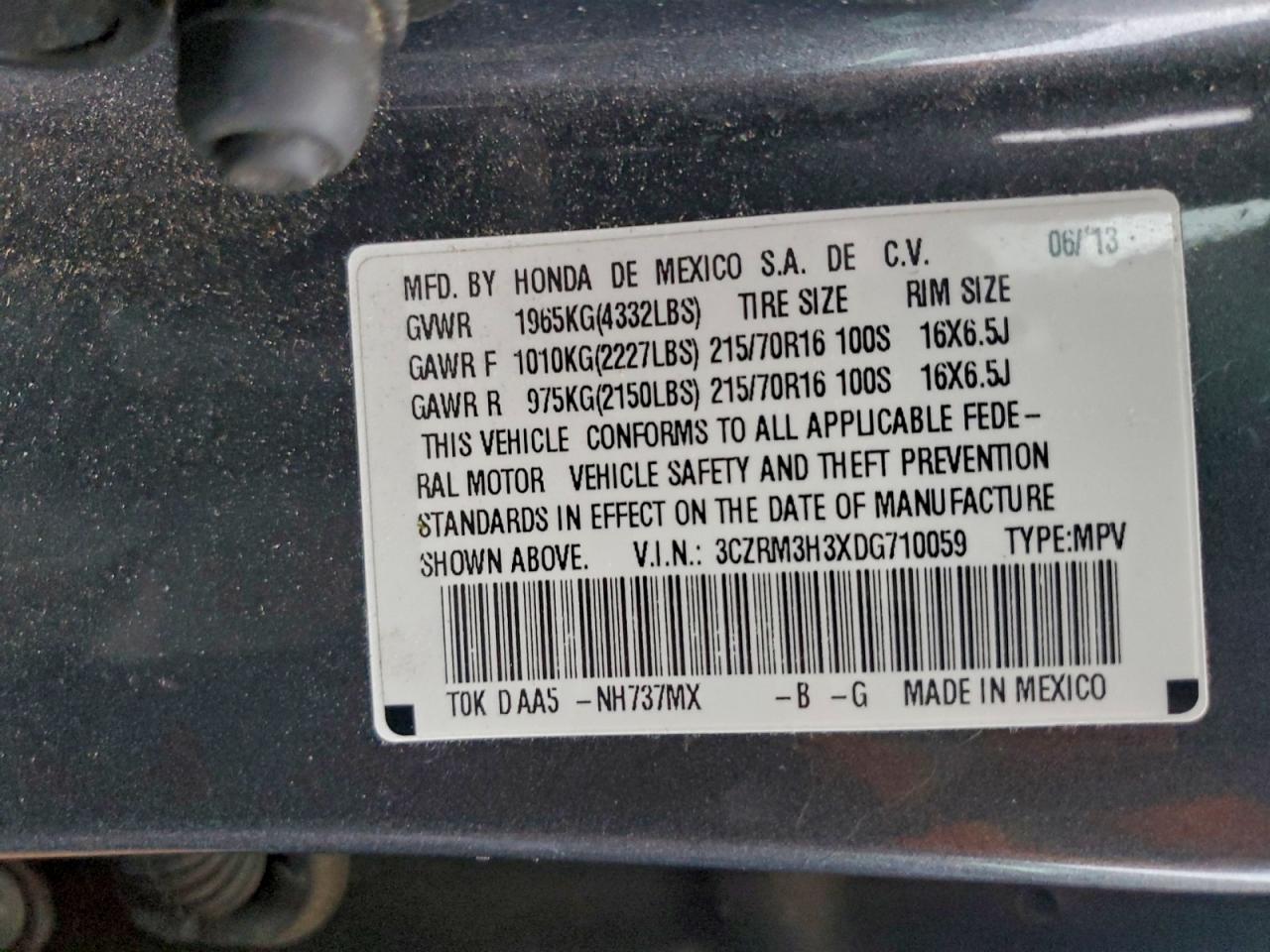 2013 Honda Cr-V Lx VIN: 3CZRM3H3XDG710059 Lot: 92929485
