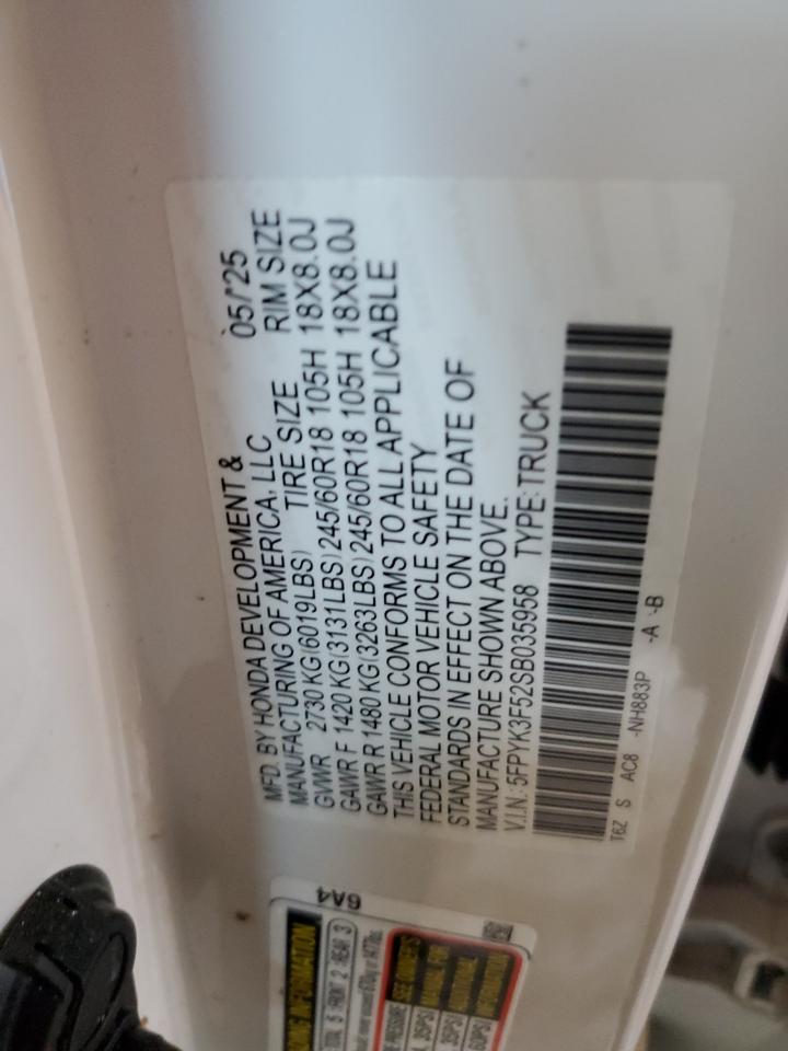 2025 Honda Ridgeline Rtl VIN: 5FPYK3F52SB035958 Lot: 91038785